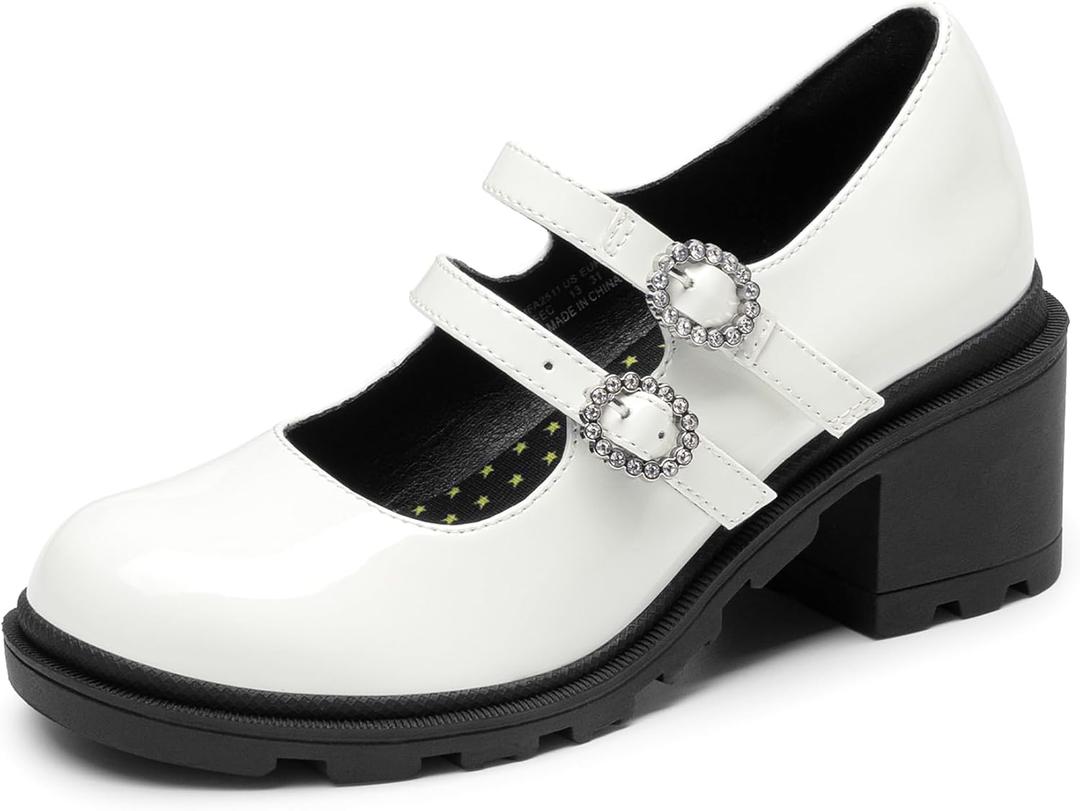 DREAM PAIRS Mary Jane Shoes for Girls Platform School Uniform Party Chunky Dress Heel Double Straps Flats for Little Big Kid (White, Size: 12 Little Kid)