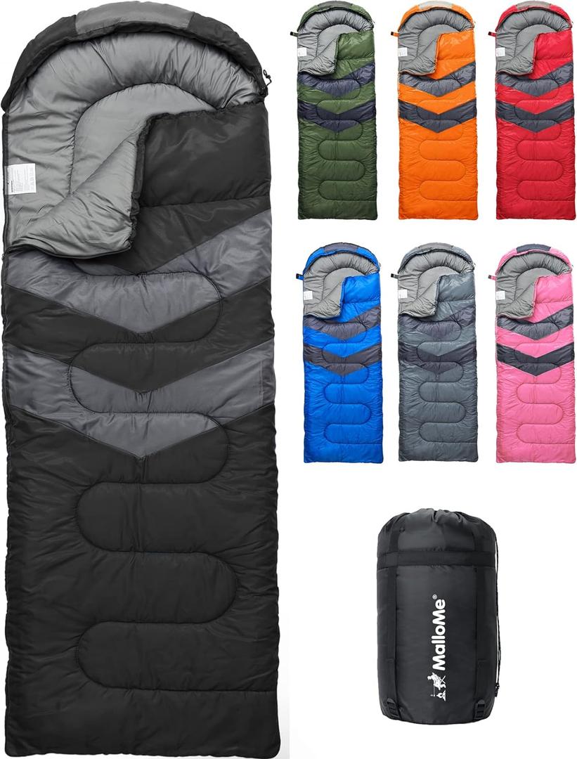 MalloMe Sleeping Bags for Adults Cold Weather & Warm - Backpacking Camping Sleeping Bag for Kids 10-12, Girls, Boys - Lightweight Compact Camping Essentials Gear Accessories Hiking Sleep Must Haves (50-80F Everyday 3 Season - Black)