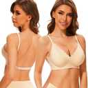 BOUFOR Deep V Neck Backless Bras for Women Padded Bralette Push Up Seamless Wire-Free Low Back Bra Convertible Straps, M