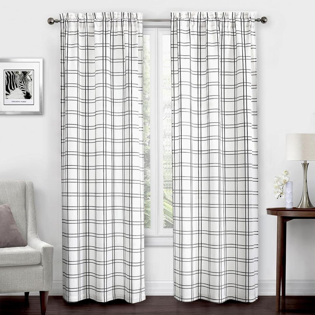 Amzdecor Buffalo Plaid Window Treatment Set,Light Filtering Curtain Woven Lines Pattern Drapes for Living Room and Bedroom, Semi Sheer Rod Pocket Modern Farmhouse Style 2 Panels 40"x54",Black&White
