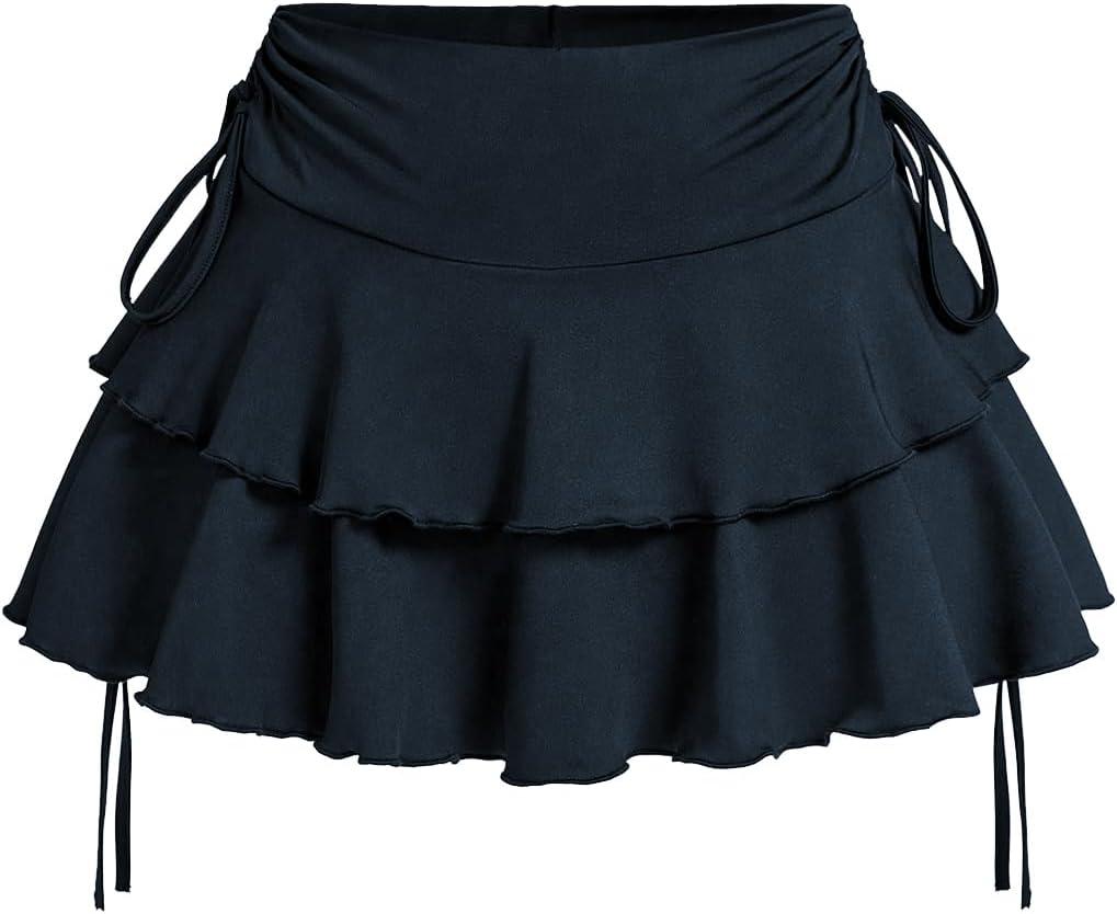 Women's Drawstring Bow Side Mini Skirts Tiered Layer Ruffle Elastic Waist Y2K Coquette Short Skirts (Black, L)