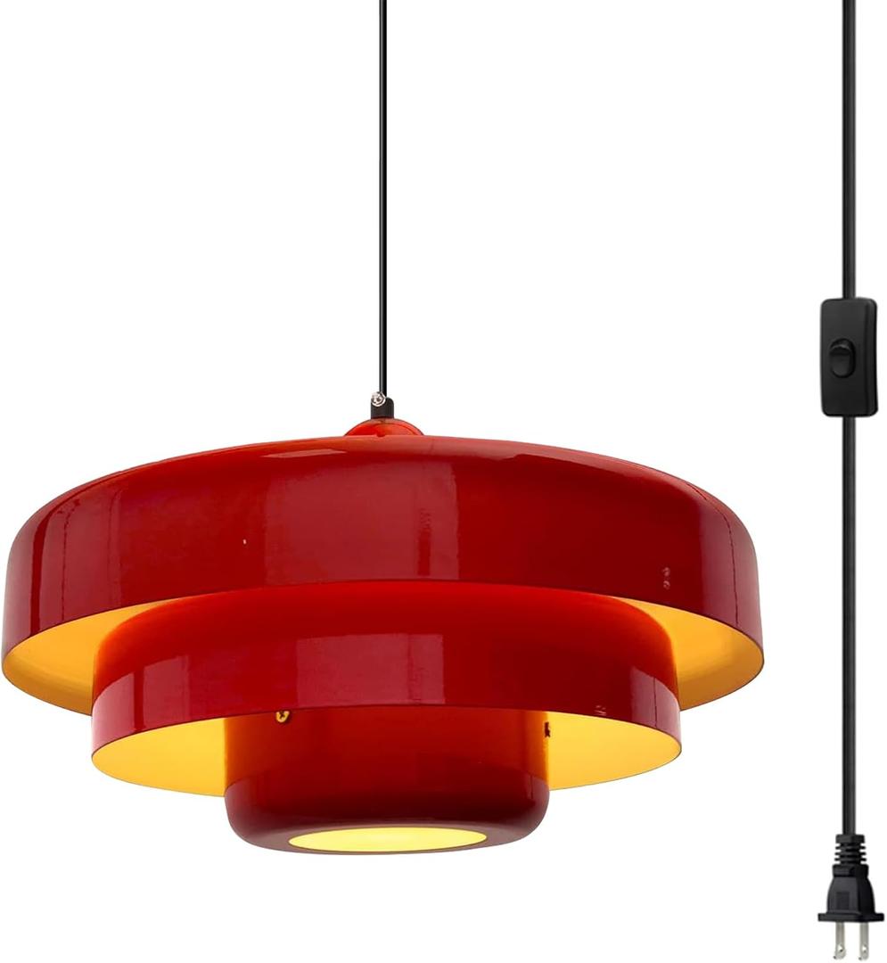 Hanging Lamp Plug in Red Pendant Light Fixtures Mid Century Modern Pendant Lamp Nordic Style Pendant Lighting Metal Shade for Living Room Dining Room Bedroom Kitchen Island