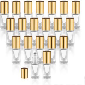 20 Pcs Square Glass Roller Bottles Essential Oil Roller Bottles Empty Cosmetic Vials Containers with Stainless Steel Roller Balls & Gold Lids - 0.1oz/3ml