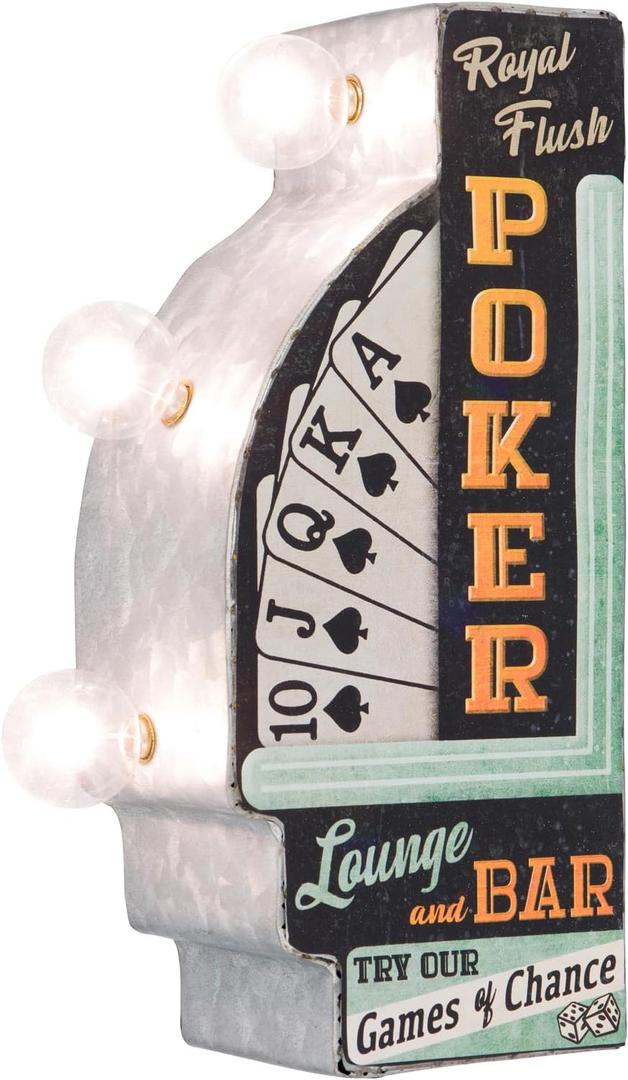 Poker Double-Sided Marquee Sign With LED Bulbs Vintage Inspired Retro Wall Decor For The Man Cave, Game Room, Arcade, Or Home Bar (12" x 5" x 3.5")