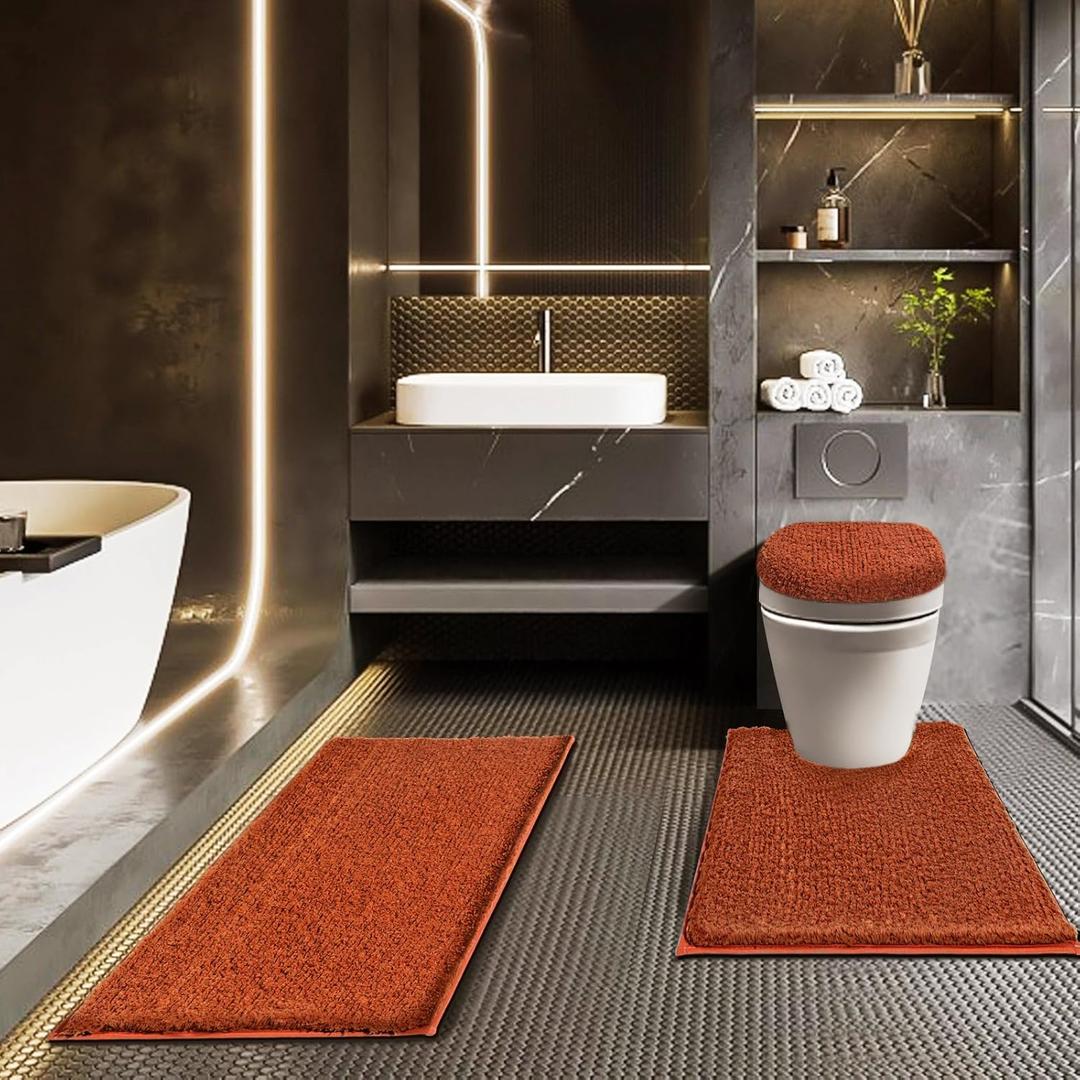 Bathroom Rugs Sets 3 Piece with Adjustable Toilet Seat Cover 17.5"x 15" Machine Washable Bath Rug Set with TPR Non Slip Rubber Backing Solid Bath Mat Set for Luxury Bathroom Decoration (Reddish Brown)