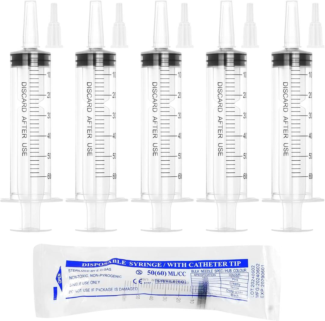 60ml Syringe for Liquid,5 Pack Large Plastic Syringes with Adapters and Cap,Individually Sealed Syringe for Feeding,Irrigation Water and Scientific Labs