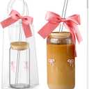 Coquette Bow Aesthetic Glass Cup with Clear Gift Bag Lids and Straws 16 oz Pink Bow Glass Cups Cute Tumbler for Iced Coffee Smoothie Beer Tea Bestfriend Sister Girlfriend Women Girls Gift
