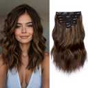 NAYOO Clip in Hair Extensions for Women 14 Inch Short Wavy Curly Dark Brown Mix Chestnut Hairpieces Full Head Synthetic Hair Hairpieces (6PCS, Dark Brown Mix Chestnut)