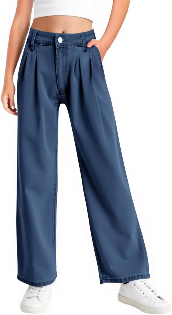 Haloumoning Girls Wide Leg Baggy Jeans Kids Fashion Pleated Elastic High Waist Denim Pants with Pockets 5-14 Years (7-8 Years, Navy Blue)