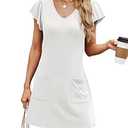 Summer Dresses for Women 2025 Casual V Neck Flutter Short Sleeve Mini Dress Beach T Shirt Sundress with Pockets, M
