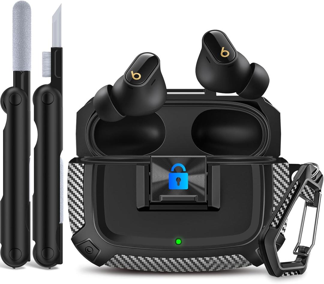 Sucure Lock Case for Beats Studio Buds/Buds Plus Locking Case Cover with Lock Clip & Cleaner Kit Pen, Buds + 2023 Impact and Smudge Resistant Case Cover with Men Women (Black)