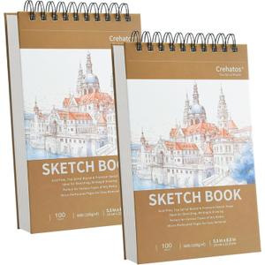 Crehatos 5.5" x 8.5" Small Sketch Book, Top Spiral Bound Sketch Pad, 100 Sheets Each 68lb/100gsm Drawing Paper, 2 Pack