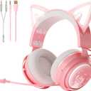 SOMIC GS510 Gaming Headset, Cat Ear Headset PC Gaming Headphones with Retractable Mic Noise Cancelling, Stereo Sound, DIY Face Covers for PC, PS4, PS5,Xbox One(Only White LED Light)-Pink