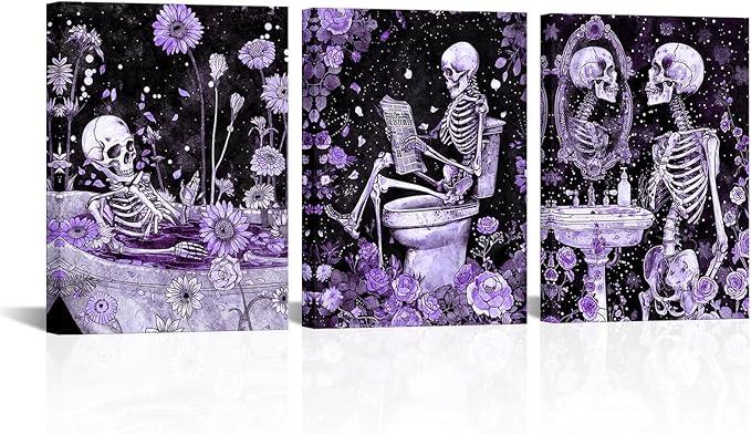FuShvre Skeleton Bathroom Decor Moody Skeleton Wall Art Pictures for Bathroom Gothic Painting for Home Decoration Framed 12x16 inch each piece (Purple)