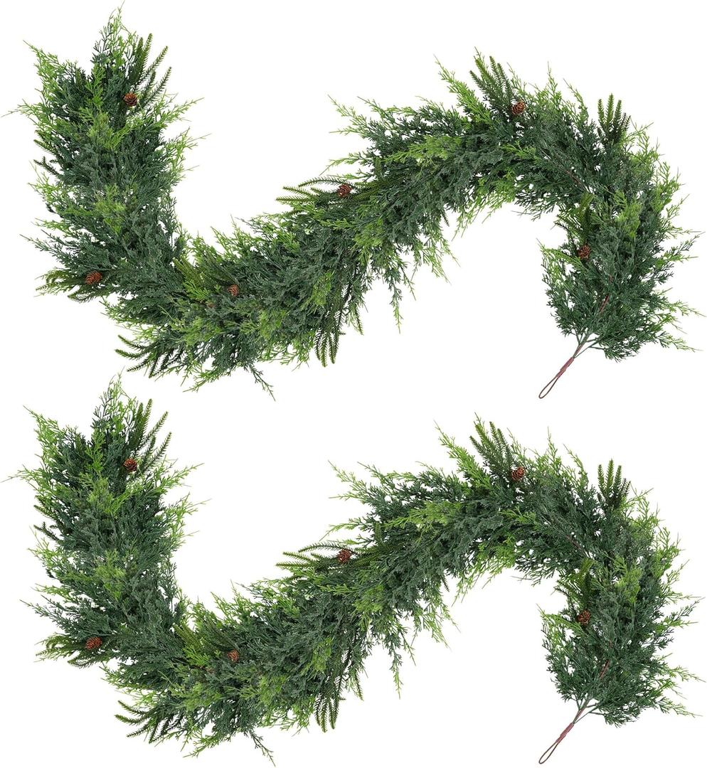 2Pcs 6FT Christmas Garland,Artificial Norfolk Pine/Cedar Garland for Table,Mantle, Wall, Indoor, Outdoor,Real Touch Winter Pine Garland Outdoor Christmas Decoration (Green)