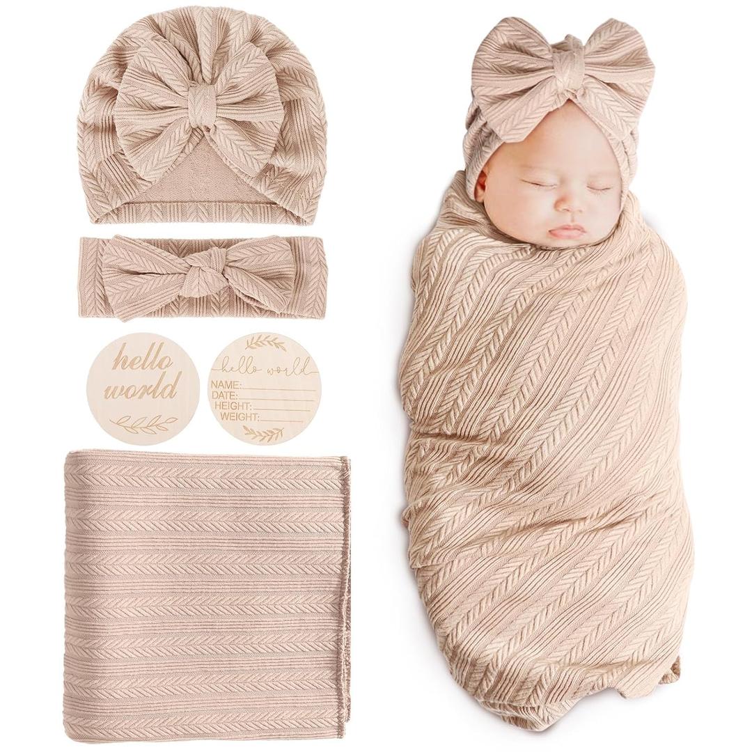 BQUBO Baby Swaddle Blankets for Girls, 4PCS Newborn Accessories Set with Hat and Bow Headband with Hello World Wooden Birth Announcement Card, Baby Blankets for Girls
