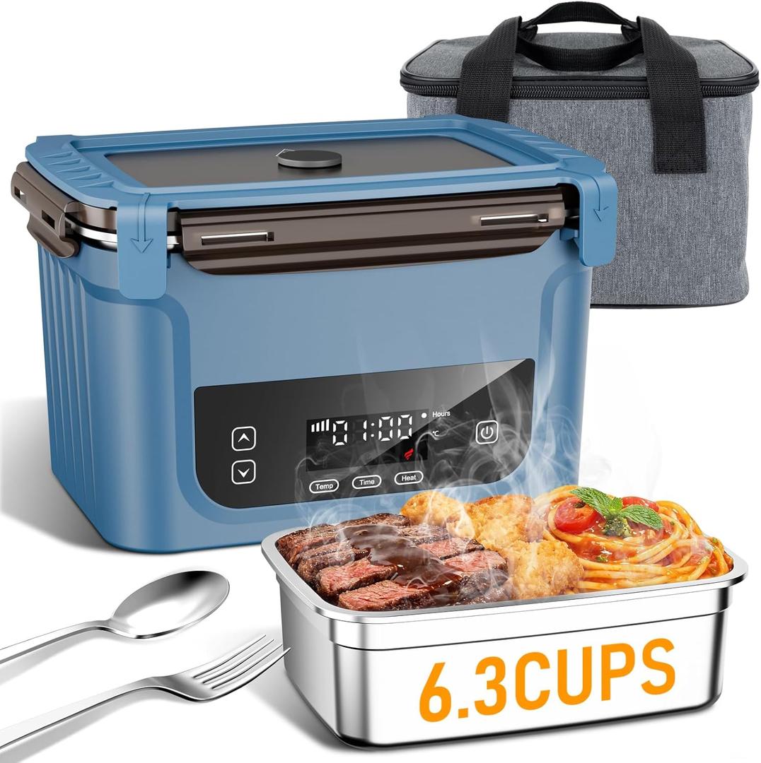 2026 Upgraded Cordless Electric Lunch Box for Adults, XL 6.3-Cup Rechargeable Heated Lunch Box with 20,800mAh, Self-heating Food Warmer for Construction, Travel & Office (Blue)