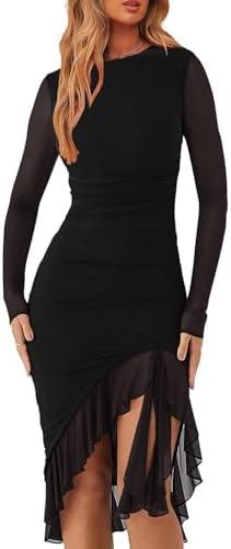 Aisongyuan Womens Sexy Ruched Bodycon Midi Dress Long Sleeve High Low Formal Cocktail Party Dress Lar