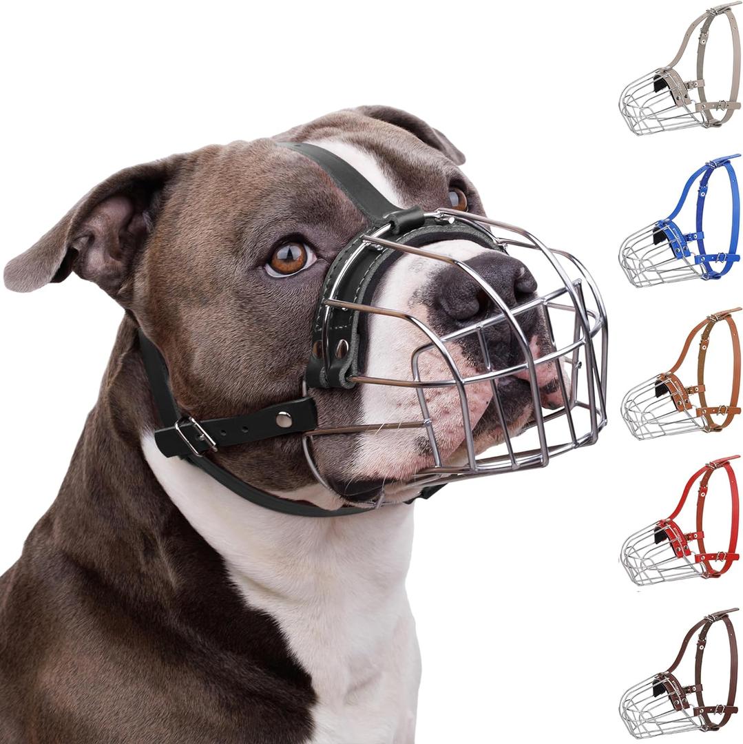 BRONZEDOG Pitbull Dog Muzzle Breathable Metal Basket for Large Dogs Amstaff Staffordshire Terrier Biting Chewing Barking (Leather, Black)