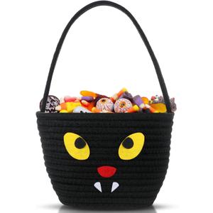 Halloween Basket with Handle Cute Bucket Cotton Rope Woven Candy Server Bag Pumpkin Witch Cat Pig Storage Basket for Halloween Party Favor(Cat,Black,1 Pack)
