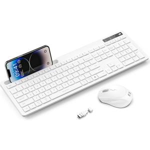 White Keyboard and Mouse Wireless, seenda Full-Size Keyboard with Phone Holder USB A & Type C Receiver 2.4G Silent USB Keyboard Mouse Compatible for Macbook and Windows Computer/ Desktop/ Laptop