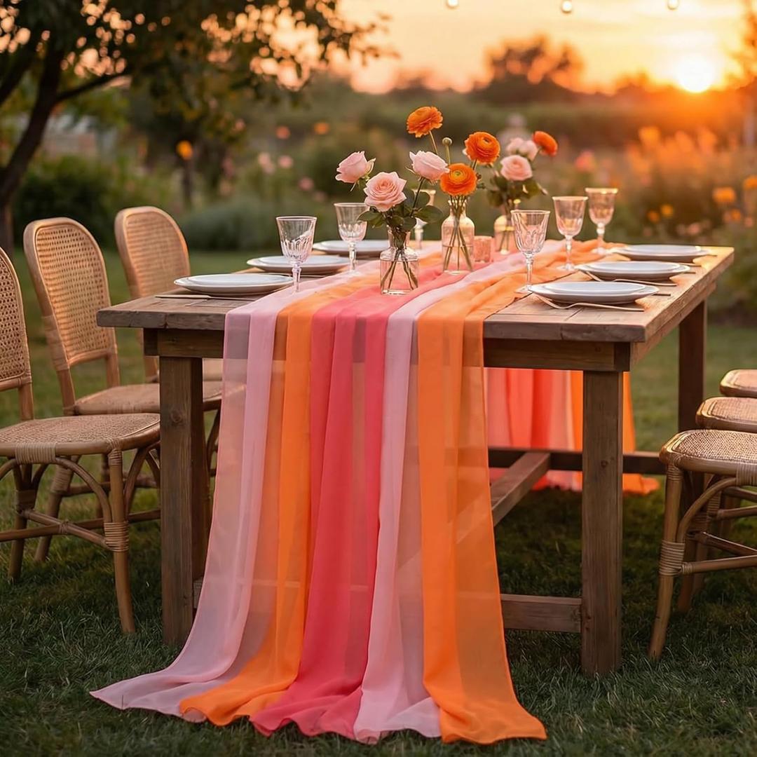 Boao 6 Pcs Red Pink Orange Party Decorations Table Runner Cloth 10Ft Boho Sheer Rustic Fabric for Wedding Birthday Party Baby Bridal Shower Graduation Dawn Sunset Decor