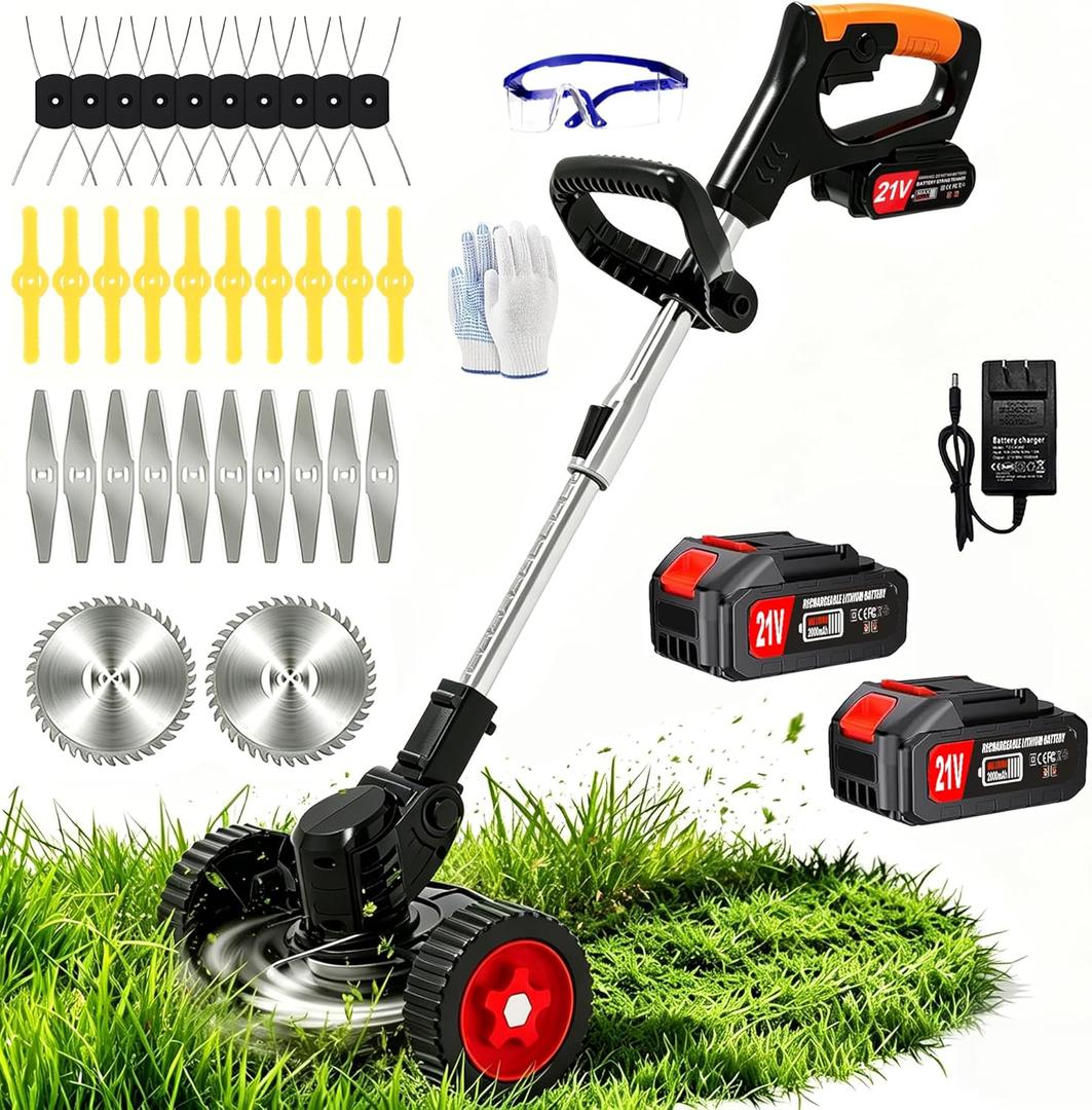 Electric Weed Wacker Cordless with Wheels,21V Lightweight Electric Weed Eater Battery Powered,4 in 1 Grass Trimmer/Brush Cutter/Lawn Edger/Lawn Mower,No String Trimmer Battery Operated for Garden Yard
