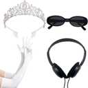 Princess White Tiara Gloves Sunglasses Headphones, Princess Costume Accessories Women Bachelorette Party Decorations (4 Pcs - Style B)
