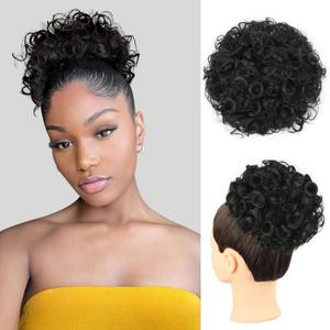 KRSI Messy Bun Hair Piece Short Elastic Drawstring Hair Buns Hair Piece Curly Ponytail Hair Bun Extensions for Women Synthetic Large Wave Loose Clip in Bun Ponytail Hair Pieces for Updos (Black) (#1B)