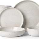 Famiware Meteor Stoneware Dinnerware Sets with Pasta Bowls, Service for 4 (16 Pieces), Plates and Bowls Sets, Microwave and Dishwasher Safe Dishes Set, Creamy White