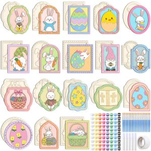 Leinuosen 18 Set Wooden Easter Ornaments to Painting Kits Include Unfinished Wood Bunny Egg Chicks Baskets with Brushes Paints DIY Easter Crafts for Basket Stuffers Gift Activity Supplies Party