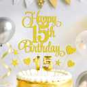 Gold Happy 15th Birthday Cake Decorations, Glitter 15th Birthday Cake Toppers Set and Numeral 15 Candles for Birthday Party Supplies, Heart Star Cupcake Decorations
