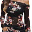 CiCiBird Womens 2025 Fall Off Shoulder Tops Long Sleeve Floral Mesh Shirts Trendy Going Out Outfits (Black, S)