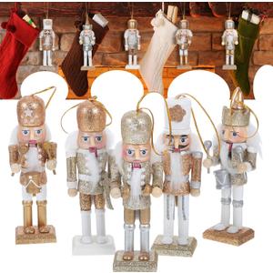 VOSAREA Christmas Nutcracker Ornaments Hanging Soldier Nutcracker Wooden Nutcracker Pendants Glittering Powder Nutcracker Figures Ornament for Party Store Home (White Gold)