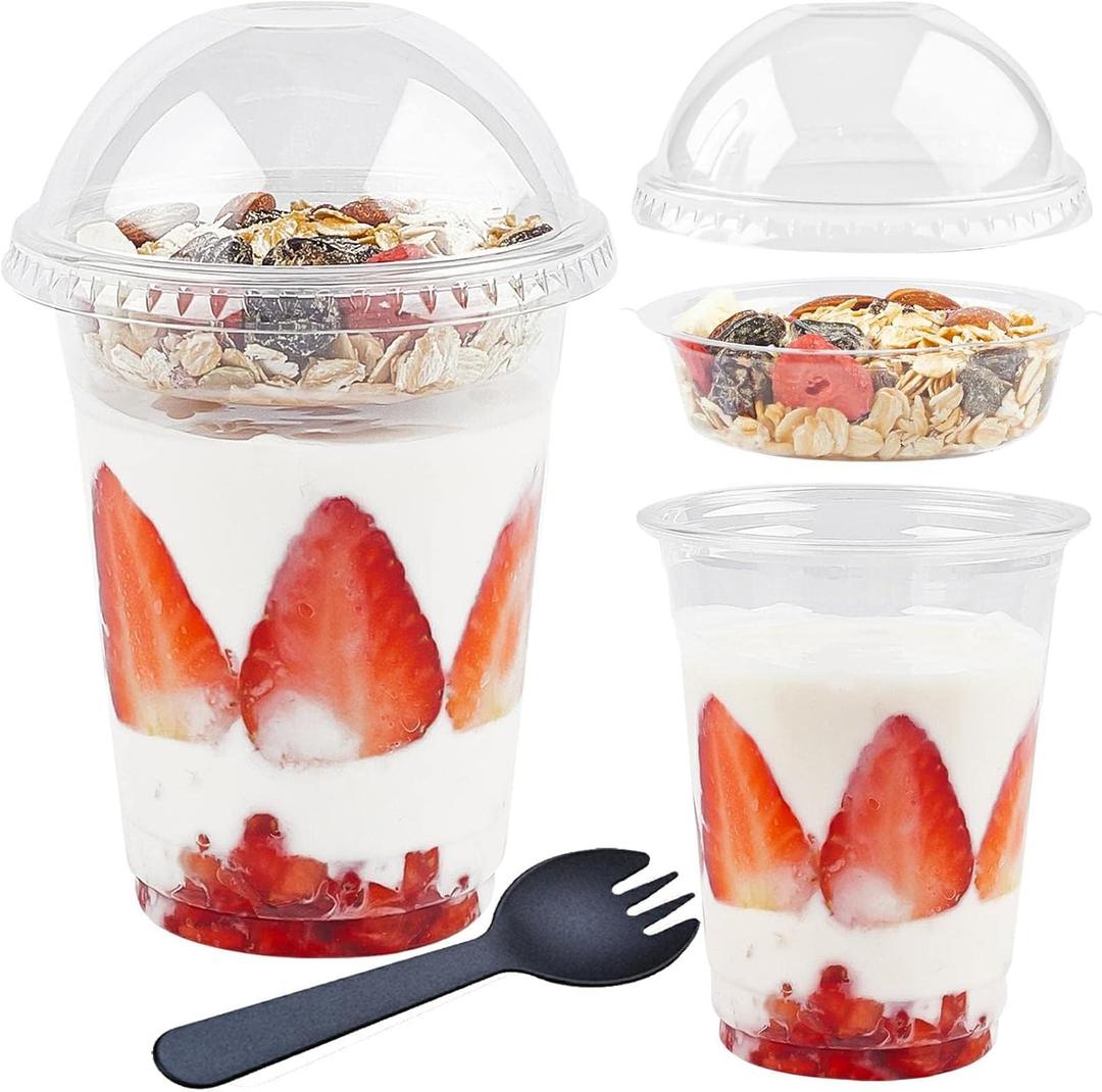 Zezzxu 50 Pack 12 oz Disposable Parfait Cups with Dome Lids No Hole, Toppings Compartment and Spork, Yogurt Conatiner with Granola Holder for Take Away Breakfast and Snacks, No Leaking (Clear)