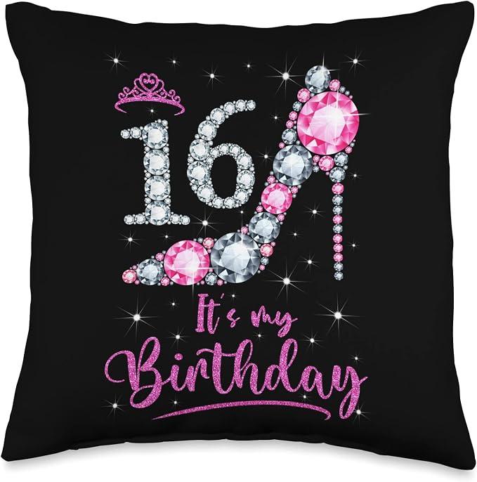 16 Years Old Birthday Women Pink Crown Shoe Girl 16 Pink High Heel 16th Birthday Girl Women Throw Pillow, 16x16