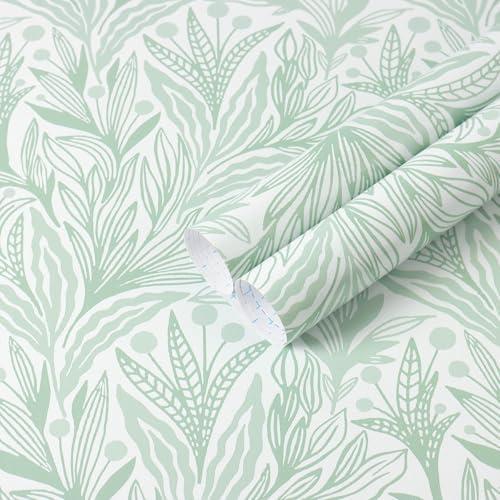 Fiula Peel and Stick Wallpaper Boho Green Leaf Contact Paper Sage Green Botanical Wall Paper Self Adhesive Removable Wallpaper for Cabinets Drawers Bedroom Decor Waterproof Vinyl Roll 17.3"x78.7" 2Pack