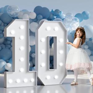 Marquee Numbers 4 Feet Tall Big Light Up Numbers 10th Happy Birthday Decorations Girl Boy White Anniversary Party Decor Large Cardboard Prop Backdrop Sign 10