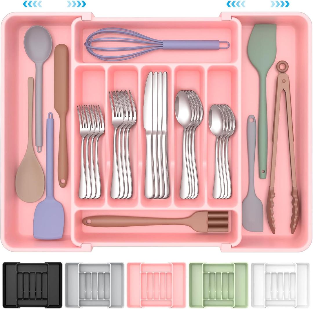 ukeetap Extra Large Expandable Silverware Organizer, BPA-Free Food-Safe Cutlery Flatware Organizer, Kitchen Utensil Drawer Organizer, Adjustable Silverware Holder for Spoons Forks Knives, Pink