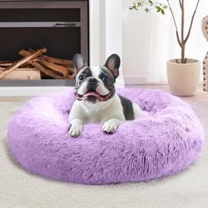 JOLLYVOGUE Calming Small Dog & Cat Bed for Indoor Cats - 20 inches Washable Donut Bed for Kittens & Puppies, Anti-Anxiety Round Fluffy Plush Pet Beds (Fits up to 15 lbs, Purple)