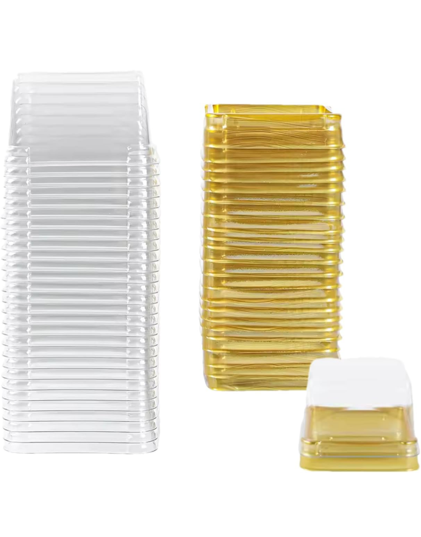 50Pcs Square Plastic Cake Boxes with Lids, 2.73" Clear PET Dessert Containers for Cupcakes, Muffins, Pastries, Bakery Packaging for Wedding, Birthday, Party Favors (gold base)