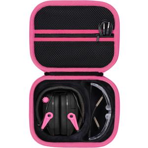 Storage Case Compatible with Walkers Razor Slim/Howard Leight Honeywell Impact Sport/PROHEAR 066 030 Electronic Shooting Earmuffs Hearing Protection Muffs (Black + Pink Case) (for Earmuff+ Glasses)