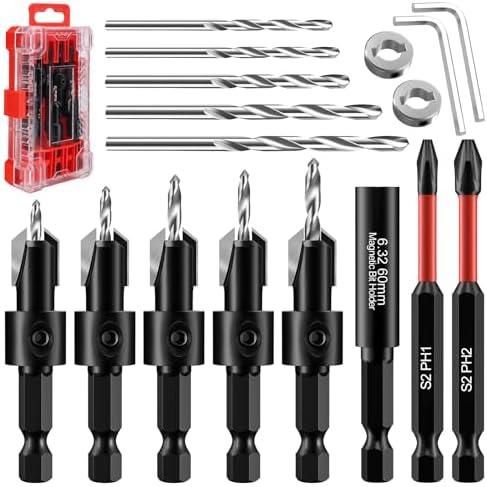 Adjustable Countersink Drill Bit Set with Depth Stop for Woodworking, 1/4 Hex Shank, 5 Sizes 2.5/2.8/3/3.2/3.5mm, Tungsten Carbide Cutting Edge, Spare Pilot Bits with Accessories