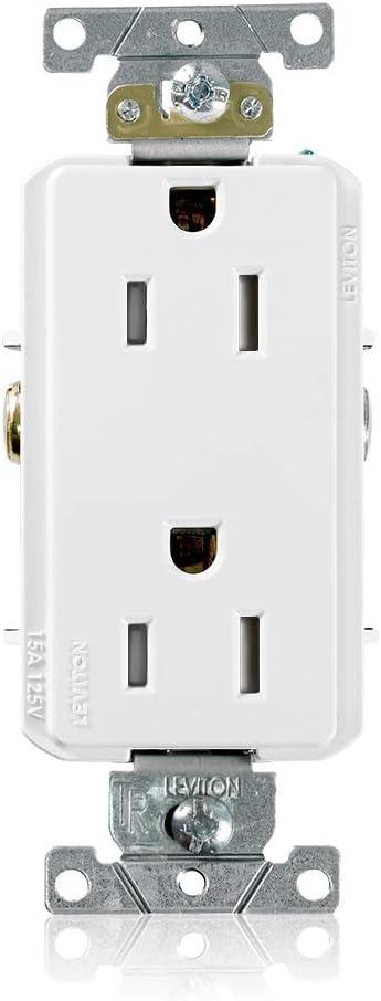 Leviton 15 Amp, 125 Volt, Decora Plus Duplex Receptacle, Straight Blade, Tamper Resistant, Commercial Grade, Self Grounding, TDR15-W, White