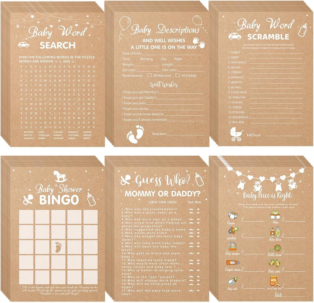 Sherr 320 Pcs Kraft Paper Baby Shower Games Includes 6 Games Each 50 Sheets with 20 Pencils Includes Baby Descriptions and Wishes Game Guess Who Bingo Word Search