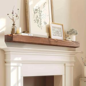 54" Fireplace Mantel, 3'' Thick Handmade Rustic Solid Wood - Wall Long Floating Shelf with Invisible Metal Bracket, Brown