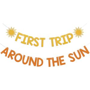 First Trip Around the Sun Banner - Boho Sunshine 1st Birthday Party Banner, Sunshine Baby Shower Party Decorations Gold Orange