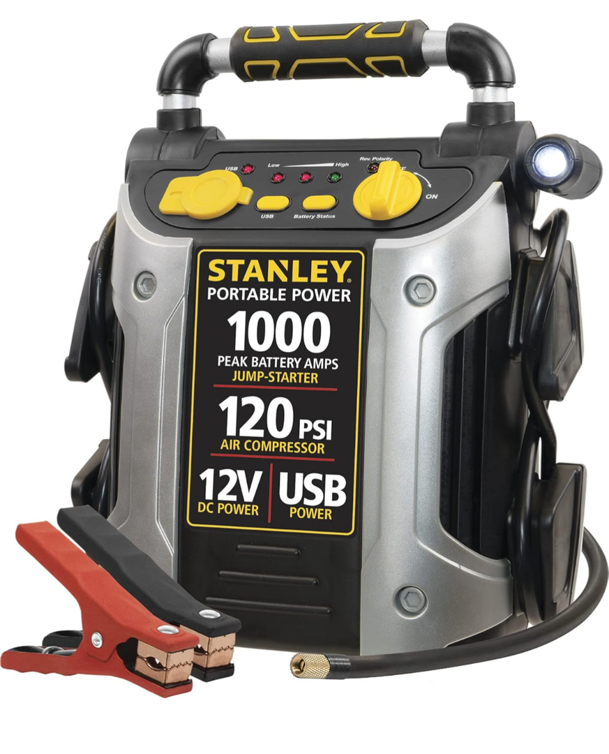 STANLEY J5C09 Portable Power Station Jump Starter 1000 Peak Amp Battery Booster, 120 PSI Air Compressor, USB Port, Battery Clamps