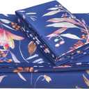 JSD Navy Floral Sheet Set King Size, 4 Piece Soft Printed Microfiber Sheets Extra Deep Pocket (Blue Flower)