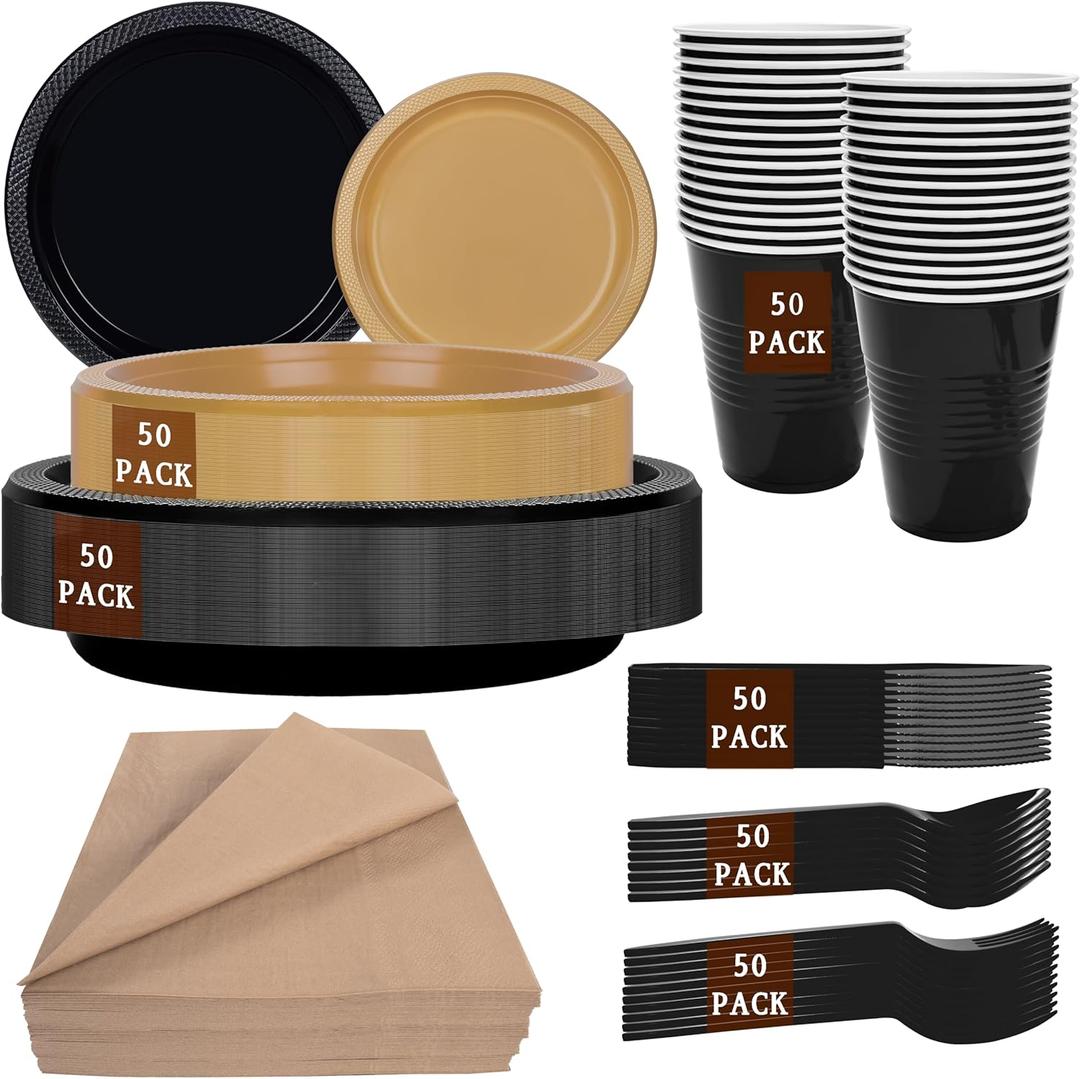 MirthMood 350PCS Black and Gold Plastic Plates,Black Disposable Plates Plastic Plates Set Includes 50 Dinner,50 Dessert Plate,50 Cup&50 Napkins, 50 Black Silverware for Wedding& Parties